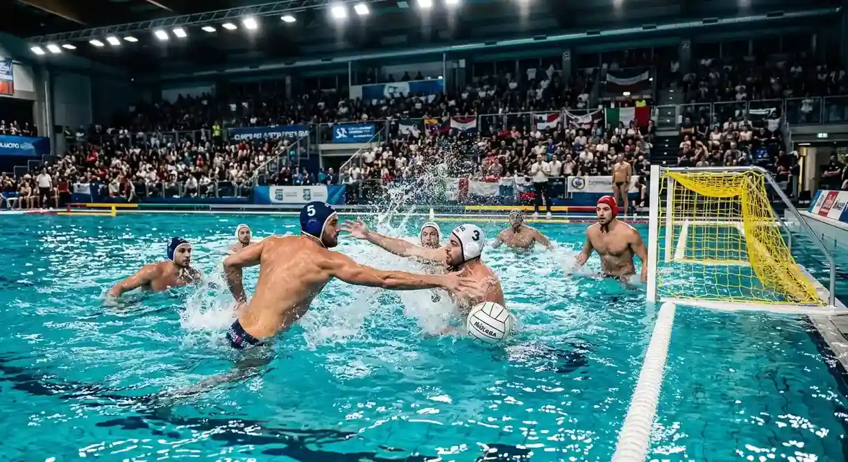 Vasca di pallanuoto durante una partita con dati di mercato e quote sovrapposti